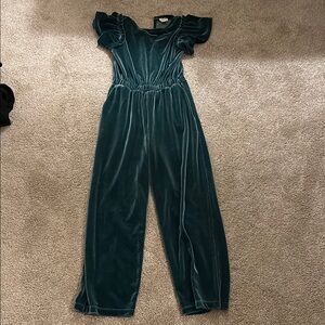 Crewcuts Green Velvet Jumpsuit with Puff Sleeves